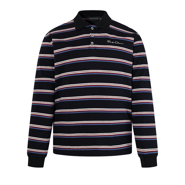 Herren Langarm-Poloshirt mit Retro-Streifen, Rippbündchen und Knopfleiste Drune