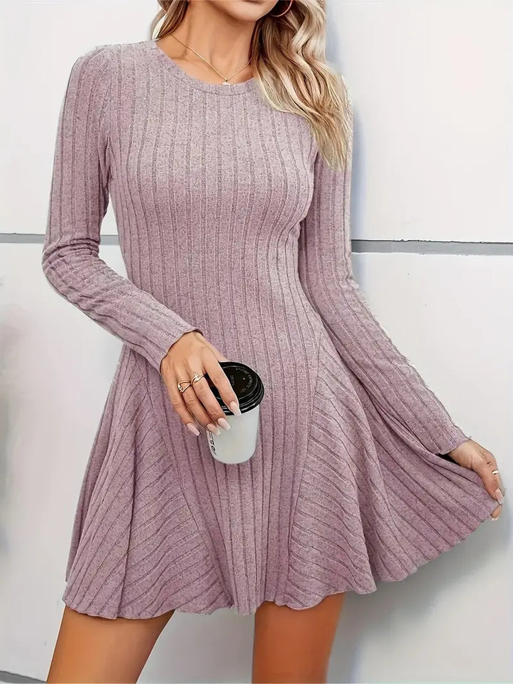Damen Geripptes V-Ausschnitt-Minikleid mit ausgestelltem Rock und Eingrifftaschen Drune