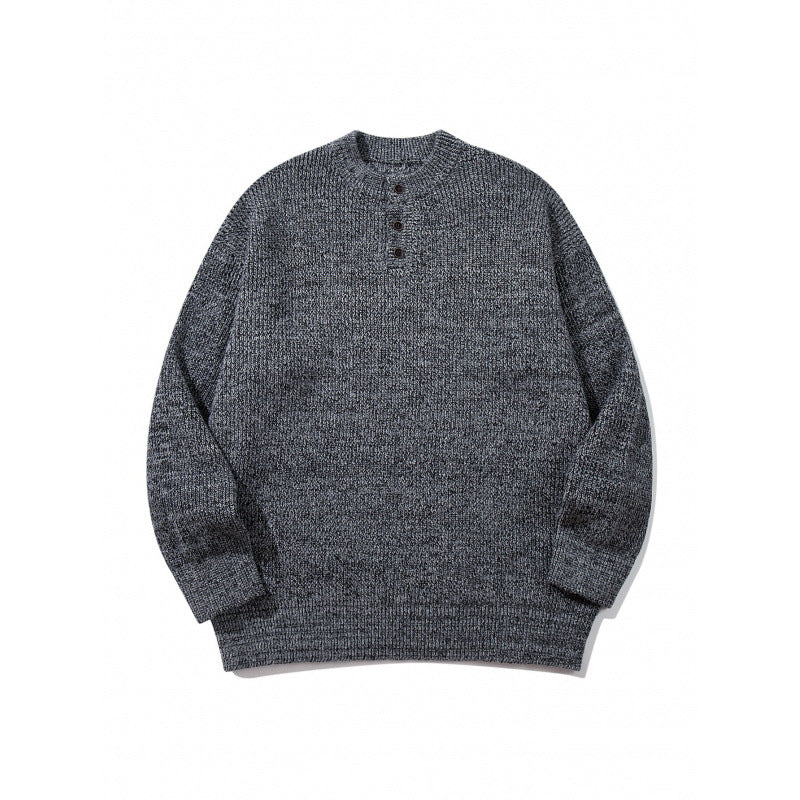 Unisex Oversize Grobstrick-Henley-Pullover mit melierter Struktur und Rippabschlüssen Drune