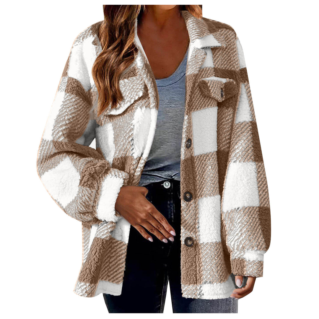 Damen nan kuschelige Sherpa-Karo-Übergangsjacke mit Brusttaschen und großzügigem Oversize-Schnitt Drune