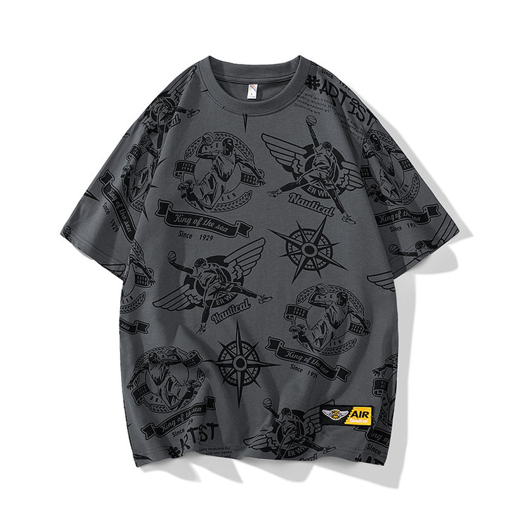 Herren Oversize-Print-T-Shirt mit Allover-Nautical-Logos und Rundhalsausschnitt Drune