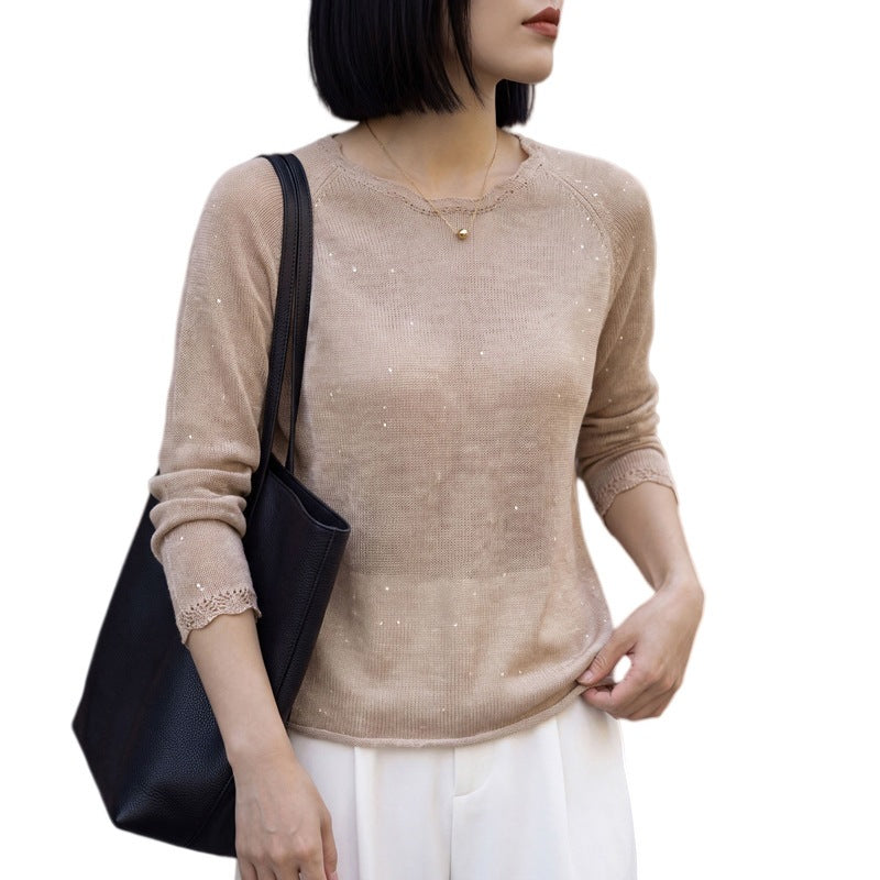 Damen leichter Feinstrickpullover mit dezenter Glitzeroptik und Raglanärmeln Drune