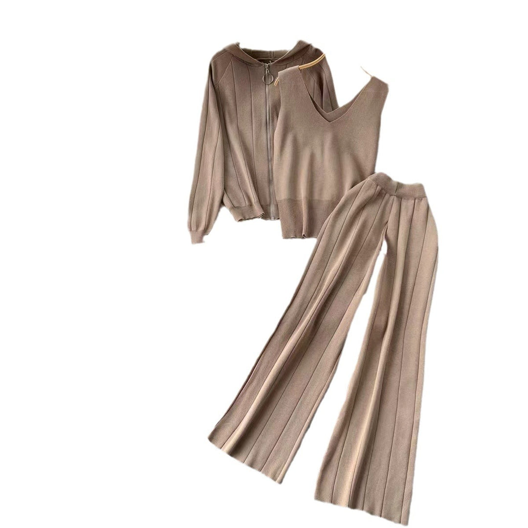 Damen modisches Strick-Loungewear-Set mit V-Ausschnitt und Kapuze Drune