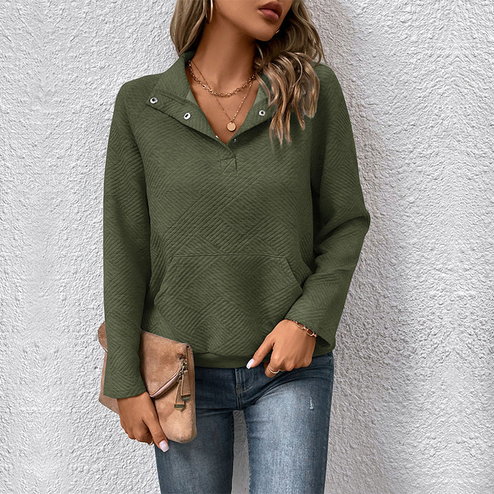 Damen Steppstrukturiertes Sweatshirt mit Druckknopfkragen, V‑Ausschnitt und Kängurutasche Drune