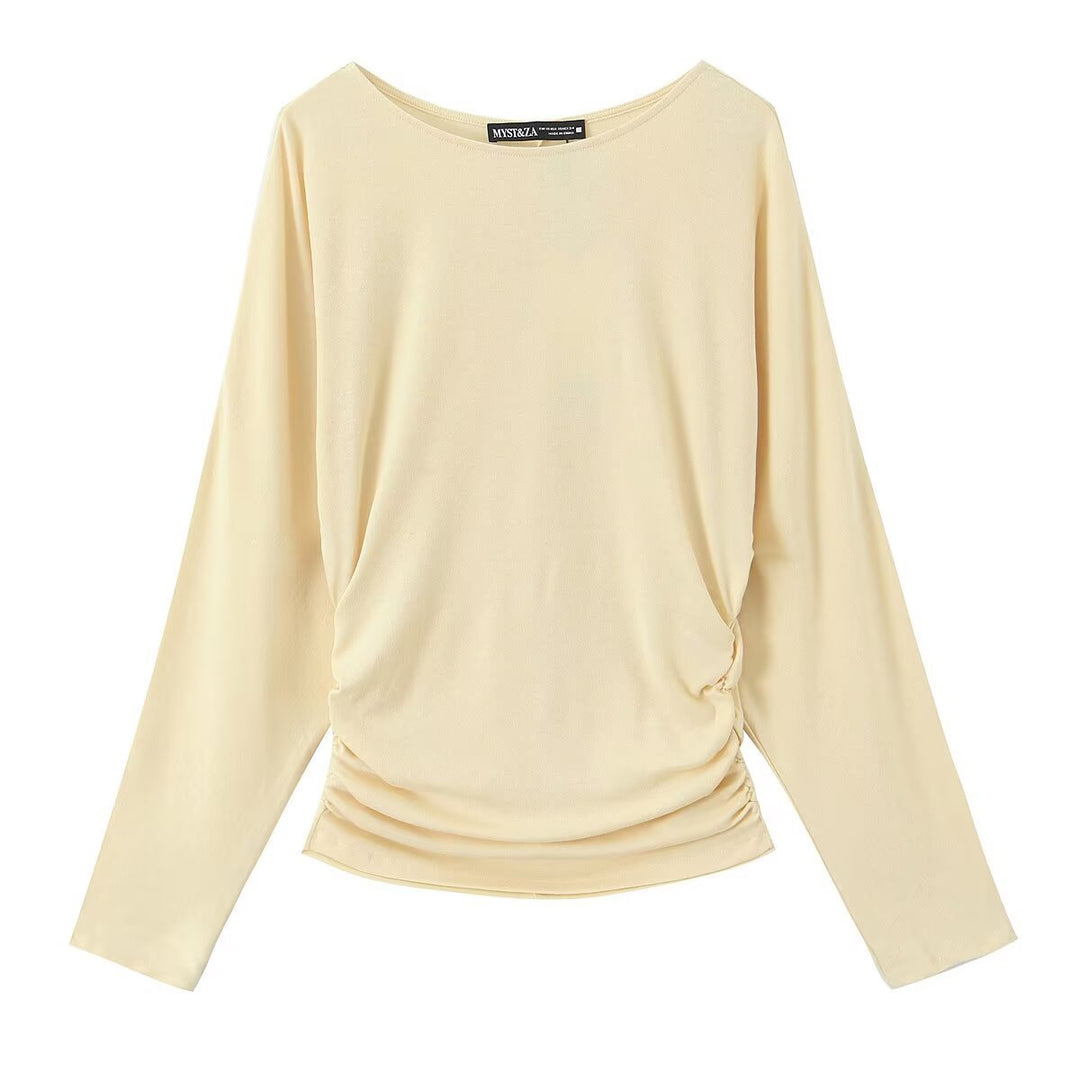 Damen Langarmshirt mit seitlicher Raffung und überschnittenen Schultern Drune