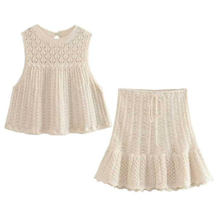 DruneMODE | Mode Lässig Strickweste Hohlschliff Top Strick Kurzer Rock Set