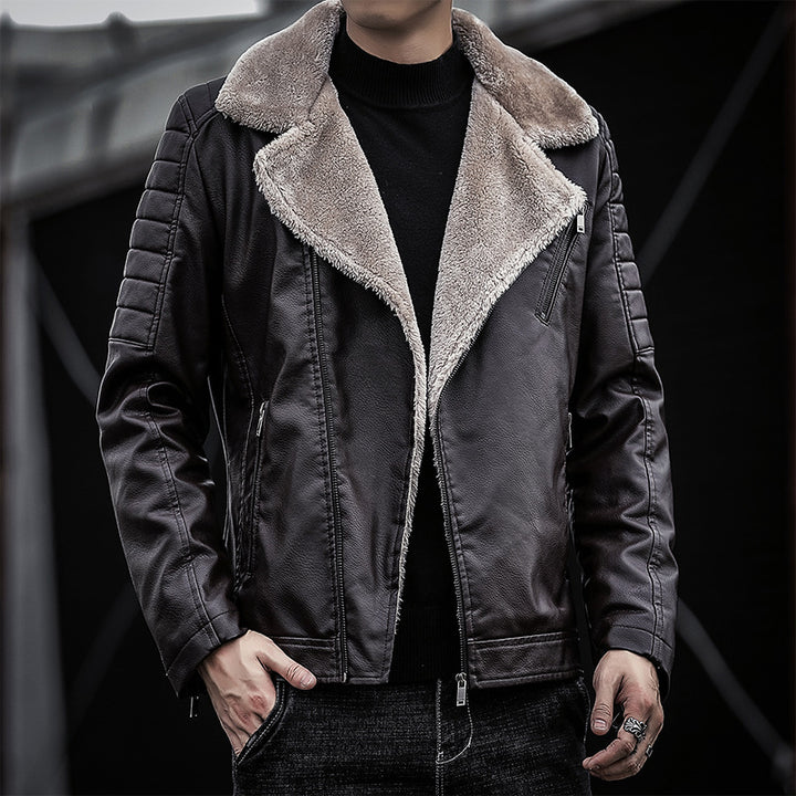 Herren Piloten-Lederjacke mit Teddyfutter, breitem Umlegekragen und gesteppter Ärmeldetail Drune