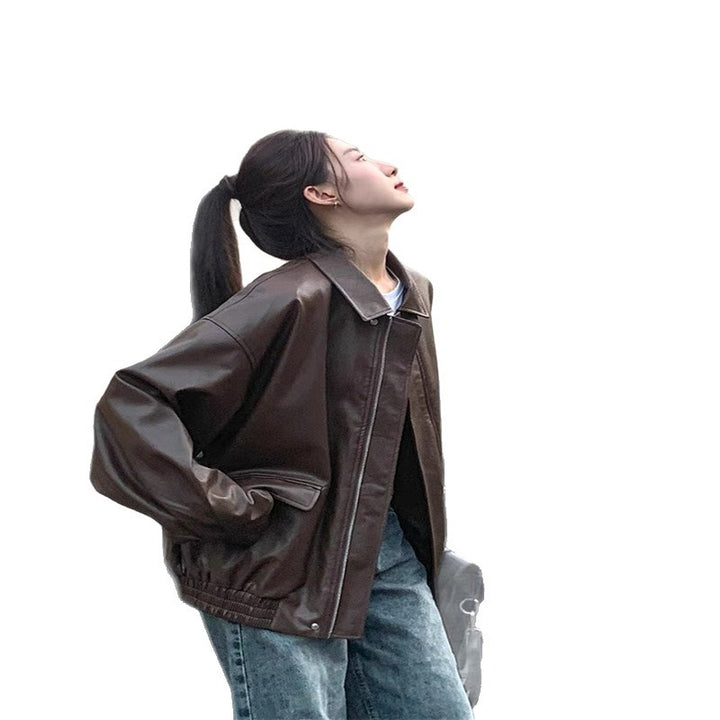 Damen Modische Lederjacke mit oversized Ärmeln und elastischem Saum Drune