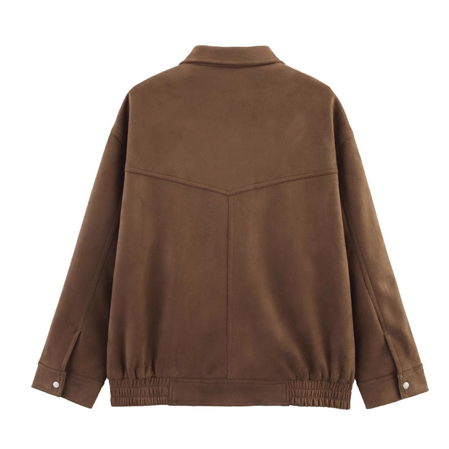 Damen 500+ lässige Velours‑Blousonjacke mit Pattentaschen und elastischem Saum Drune