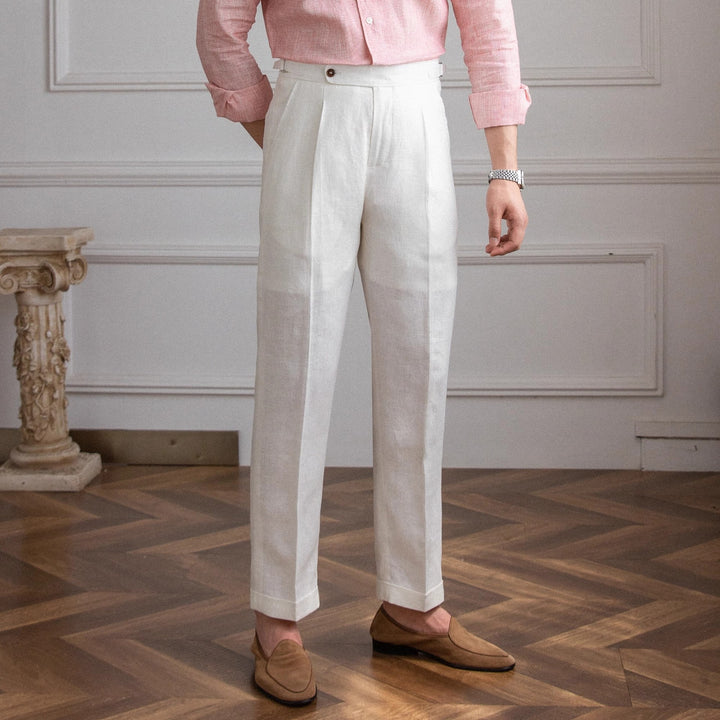 Herren Leinenhose mit hoher Taille, Bundfalten und verstellbarem Seitenriegel Drune