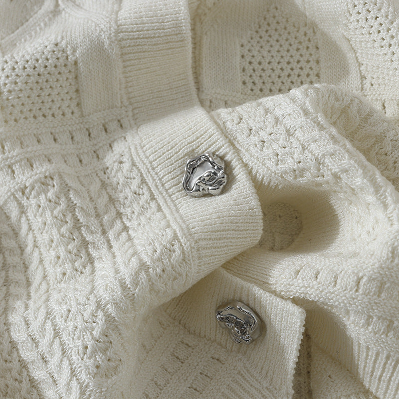 Damen Kurzarm-Strickjacke mit Peter-Pan-Kragen und Ajourmuster Drune