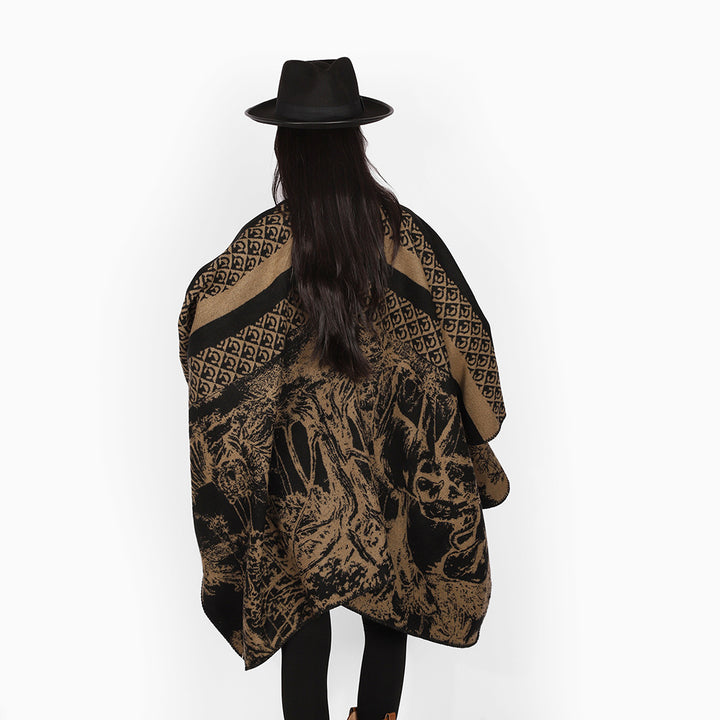 Damen Luxuriöser Jacquard-Motivponcho mit asymmetrischem Zipfelsaum Drune