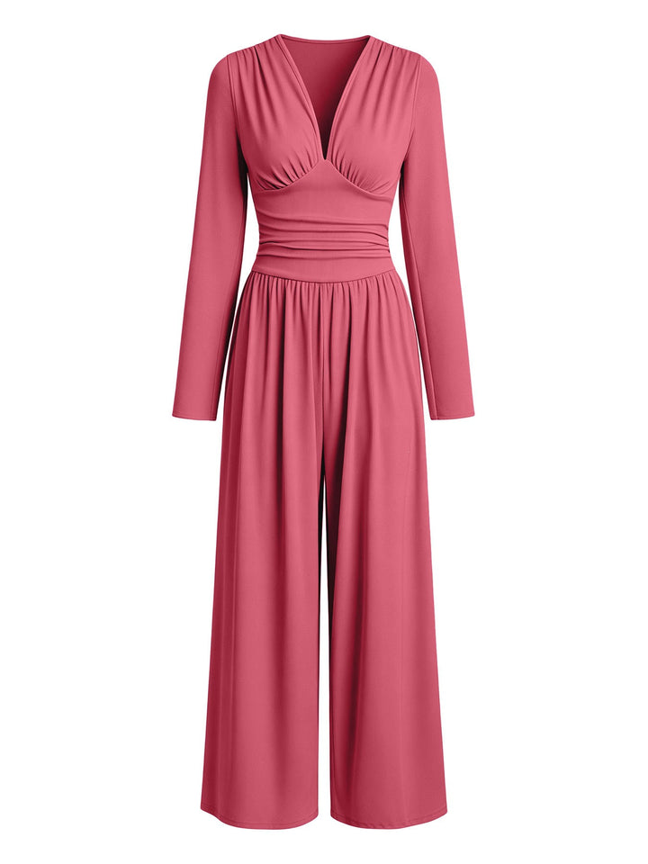 Damen Eleganter V‑Ausschnitt Jumpsuit mit tailliertem Wickelbund und weitem Hosenbein Drune