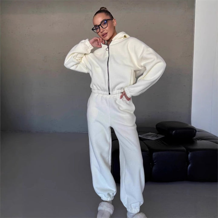 Damen kuscheliges Fleece-Hoodie und Jogginghose Lounge-Set mit Reißverschluss Kapuze elastischem Bund Drune