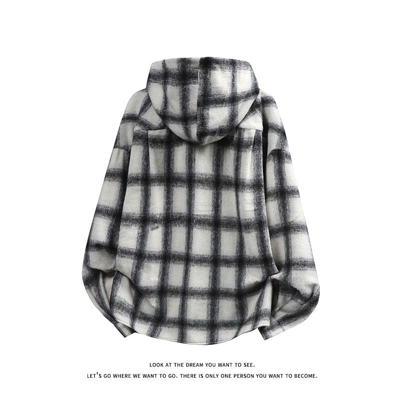 Unisex nan oversized Kapuzen-Hemdjacke aus Flanell mit Karomuster und Brusttasche Drune