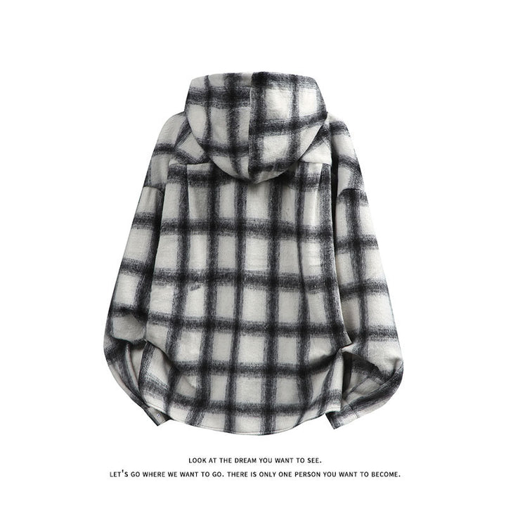 Unisex nan oversized Kapuzen-Hemdjacke aus Flanell mit Karomuster und Brusttasche Drune