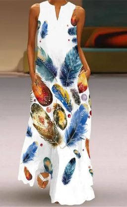 Damen Maxikleid mit bunten Federdruck Drune