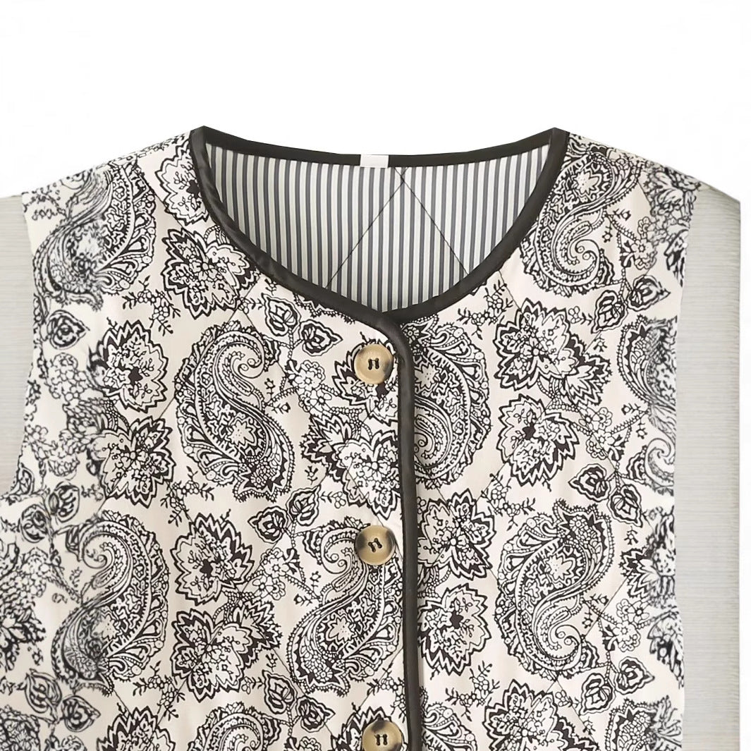 Damen nan gesteppte Paisley-Quiltjacke mit Rundhalsausschnitt aufgesetzten Taschen und kontrastierender Paspel Drune