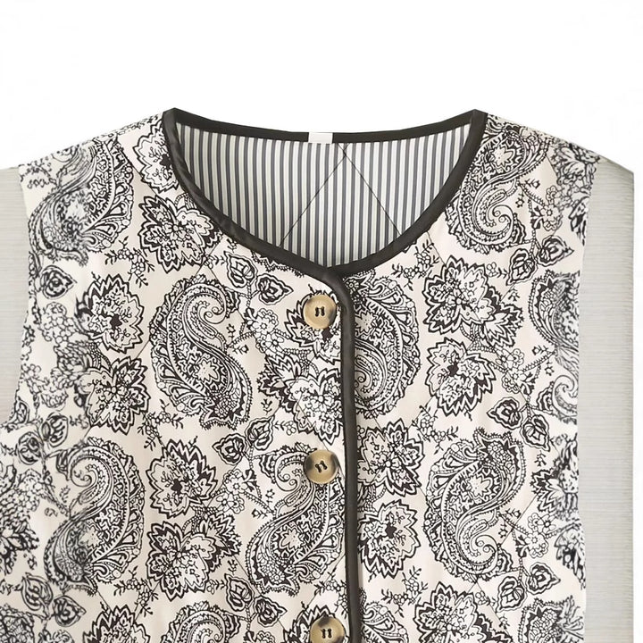 Damen nan gesteppte Paisley-Quiltjacke mit Rundhalsausschnitt aufgesetzten Taschen und kontrastierender Paspel Drune