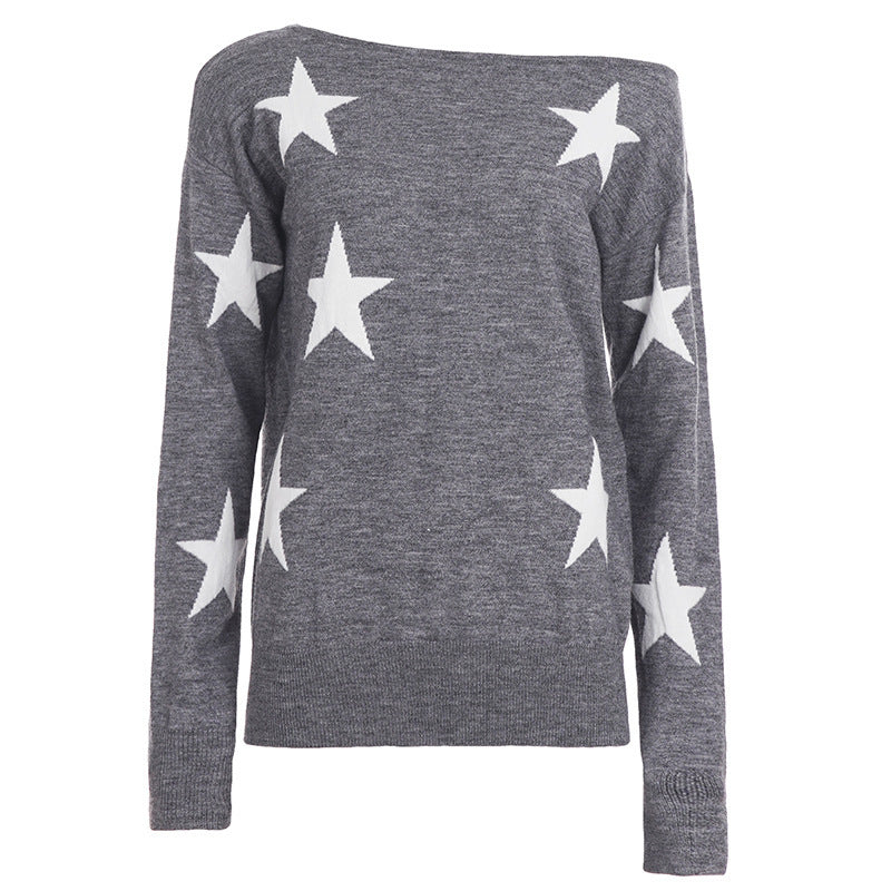 Damen Off-Shoulder Oversized Strickpullover mit Sternenmuster und geripptem Saum Drune