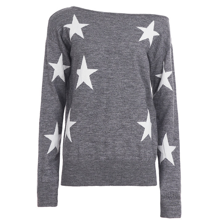 Damen Off-Shoulder Oversized Strickpullover mit Sternenmuster und geripptem Saum Drune