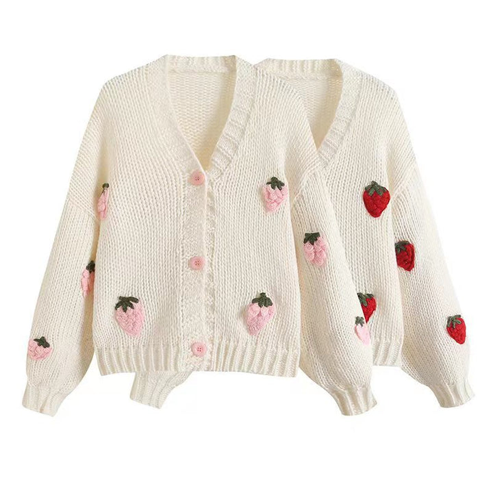 Damen Kurzcardigan mit Erdbeer-Applikationen und grobem Strick Drune