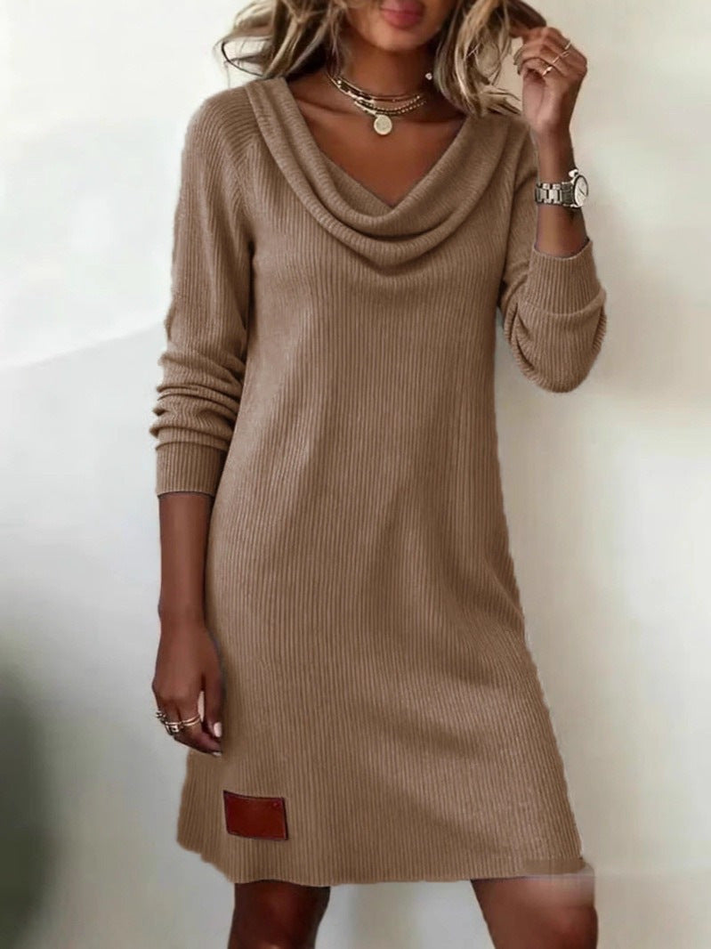Damen lässiges Strickkleid mit Wasserfall-Ausschnitt Drune