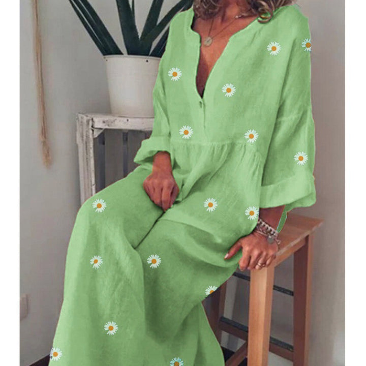 Damen Langes Leinenoptik Maxikleid mit tiefem V‑Ausschnitt, lockerer Empire‑Taillierung und Margeritenprint Drune