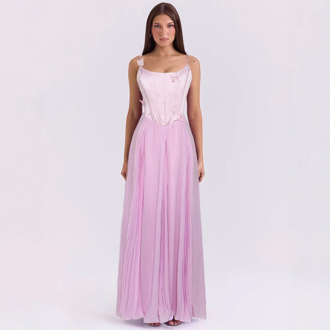 Damen nan figurbetontes Korsett-Maxikleid mit Schmetterlings-Trägern und plissiertem Chiffonrock Drune