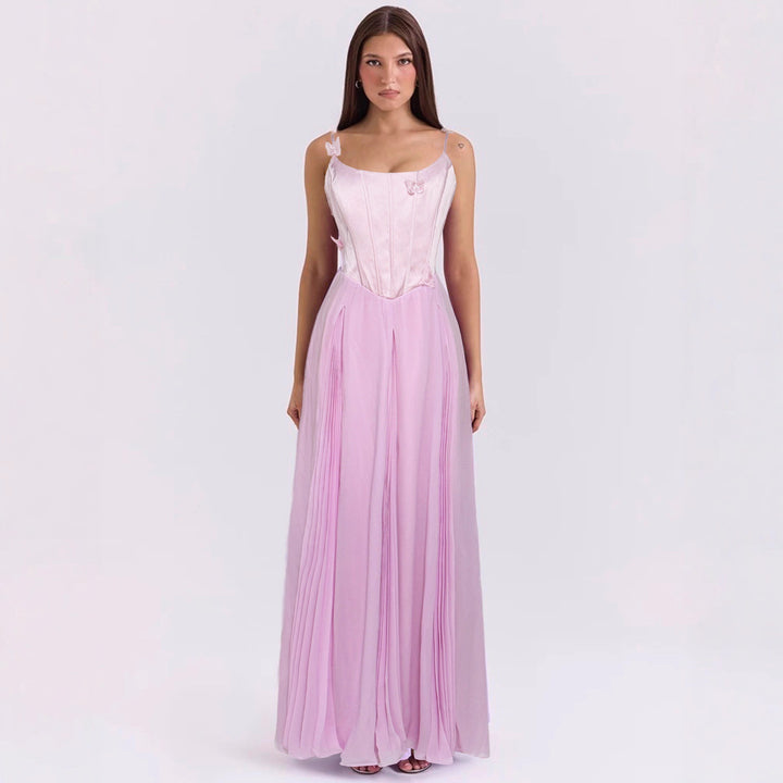 Damen nan figurbetontes Korsett-Maxikleid mit Schmetterlings-Trägern und plissiertem Chiffonrock Drune