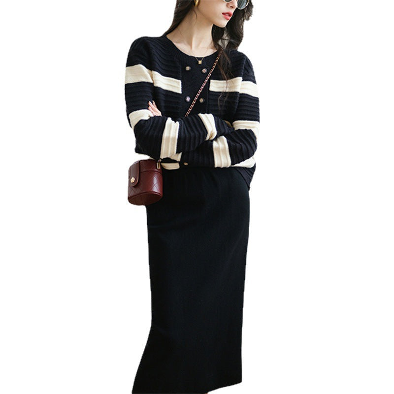 Damen Strickjacke mit dekorativen Knöpfen und gestreiftem Design Drune