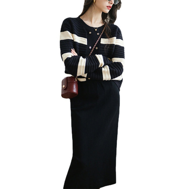 Damen Strickjacke mit dekorativen Knöpfen und gestreiftem Design Drune