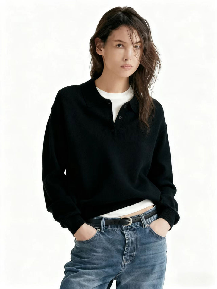 Damen Feinstrick-Polo-Sweater mit Knopfleiste und geripptem Saum Drune