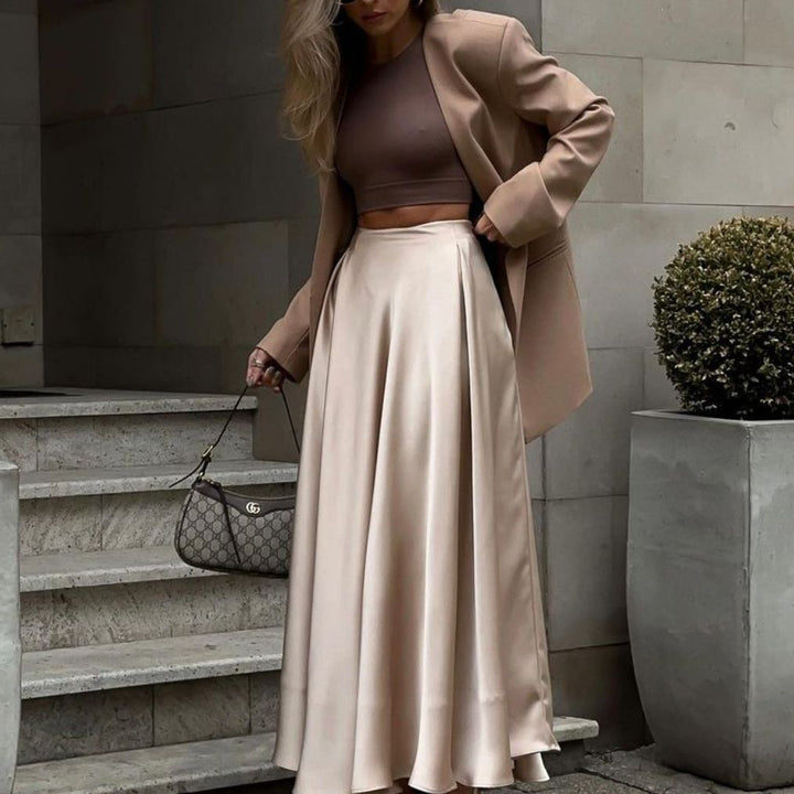 Damen Elegantes Satin-Maxikleid mit schwingendem Rock Drune