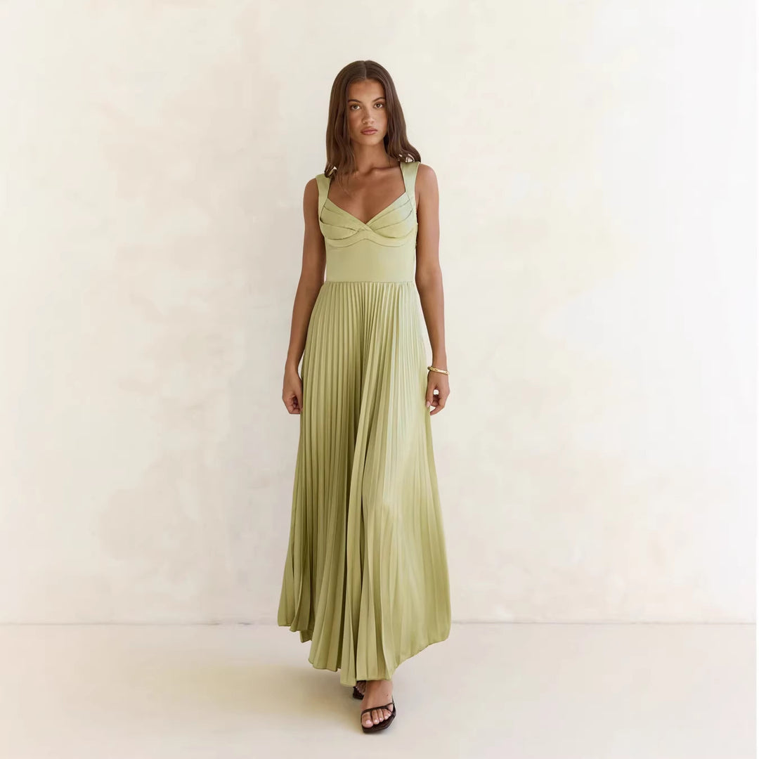 Damen Plissiertes Maxikleid mit vorteilhaftem V-Ausschnitt und femininem Design Drune
