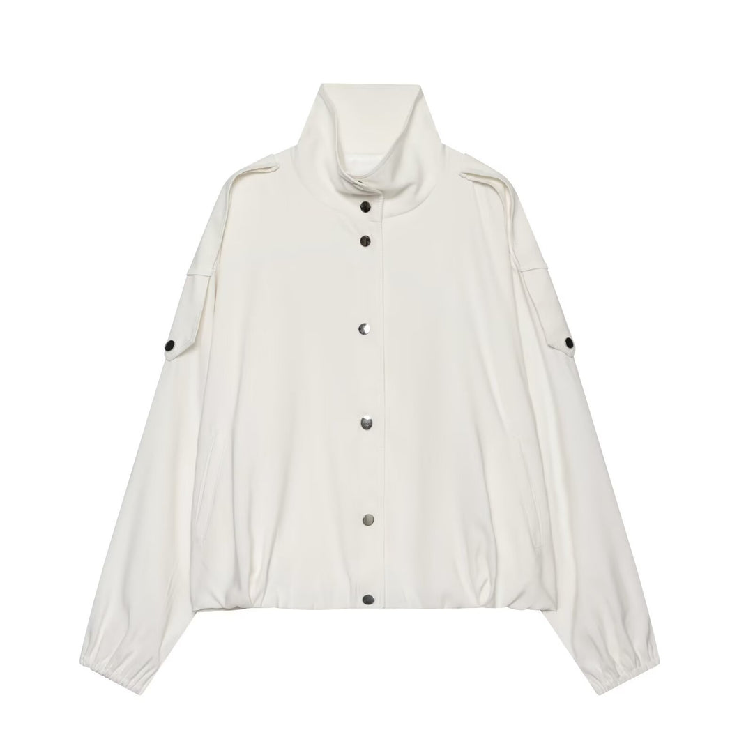 Damen Cropped-Boxy-Canvasjacke mit Funnelkragen, Druckknopfverschluss und Schulterpatten Drune