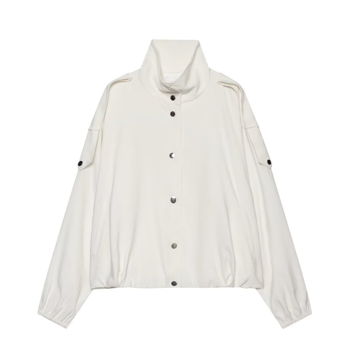 Damen Cropped-Boxy-Canvasjacke mit Funnelkragen, Druckknopfverschluss und Schulterpatten Drune