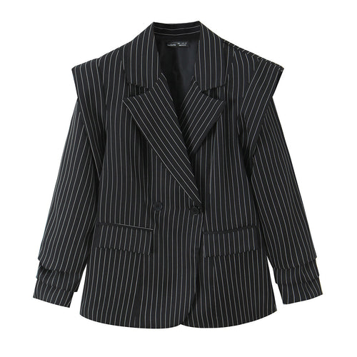 Damen Doppelreihiger Oversize-Blazer mit Nadelstreifen und markanten Schulterpolstern Drune