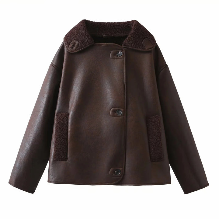 Damen nan kurz geschnittene Vintage‑Fliegerjacke mit Teddykragen und aufgesetzten Taschen Drune