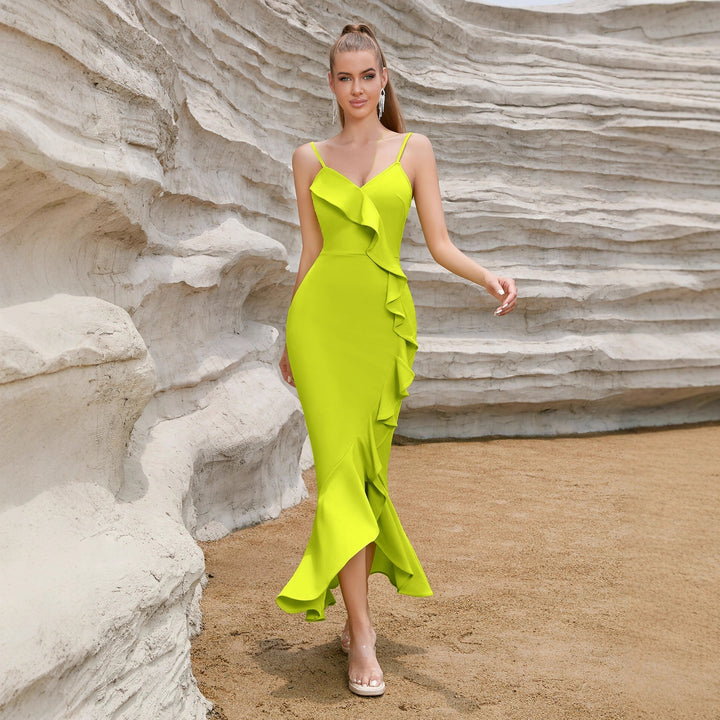 Damen Sexy Maxikleid mit Rüschen und hohem Schlitz Drune