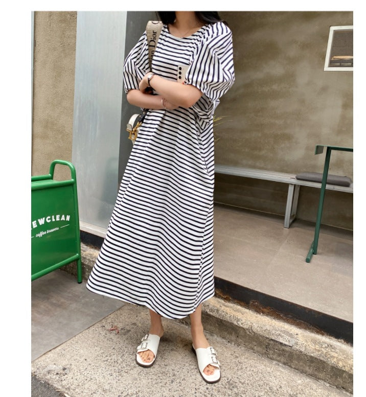 Damen Gestreiftes Midikleid mit A‑Linie, überschnittenen Schultern und voluminösen 3/4‑Ärmeln Drune