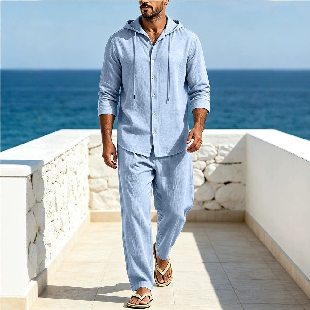 Herren Atmungsaktives Baumwoll-Gauze Loungewear-Set mit Kapuzenhemd und weiten Sommerhosen Drune
