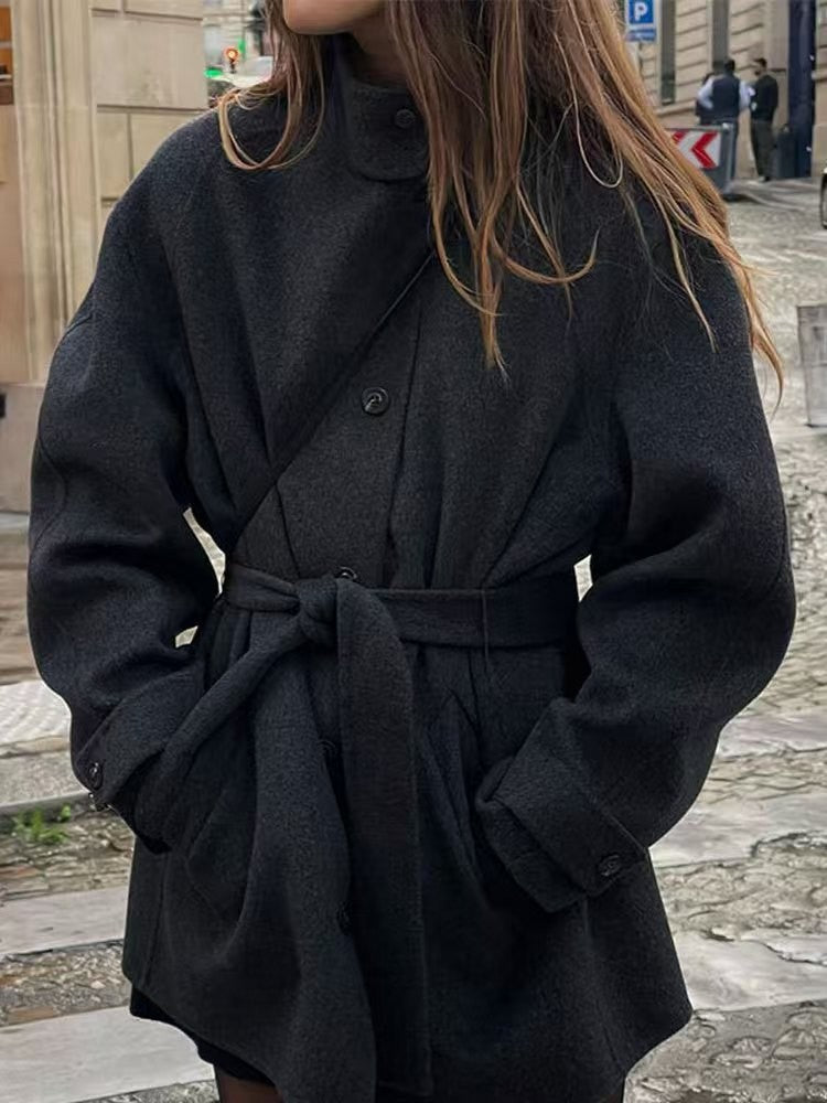 Damen Modische Wolljacke mit taillierbarem Gürtel und steigendem Kragen Drune