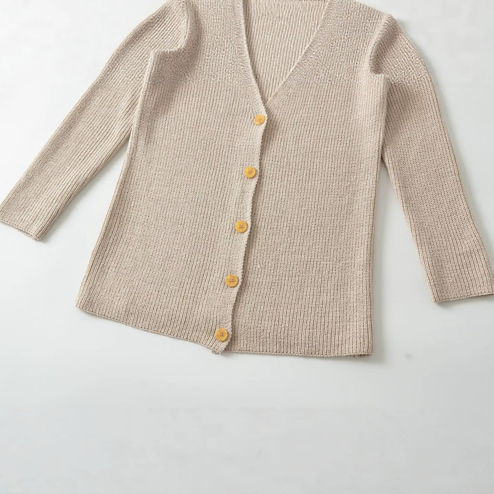 Damen Longline Strickcardigan mit V‑Ausschnitt und Holzknöpfen Drune
