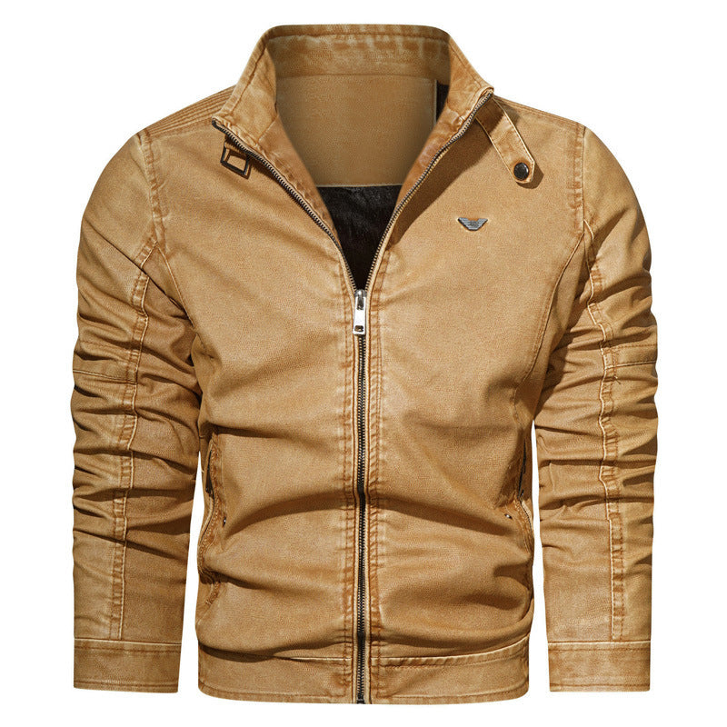 Herren Vintage-Kunstleder-Pilotenblouson mit verstellbarem Stehkragen und Reißverschlusstaschen Drune