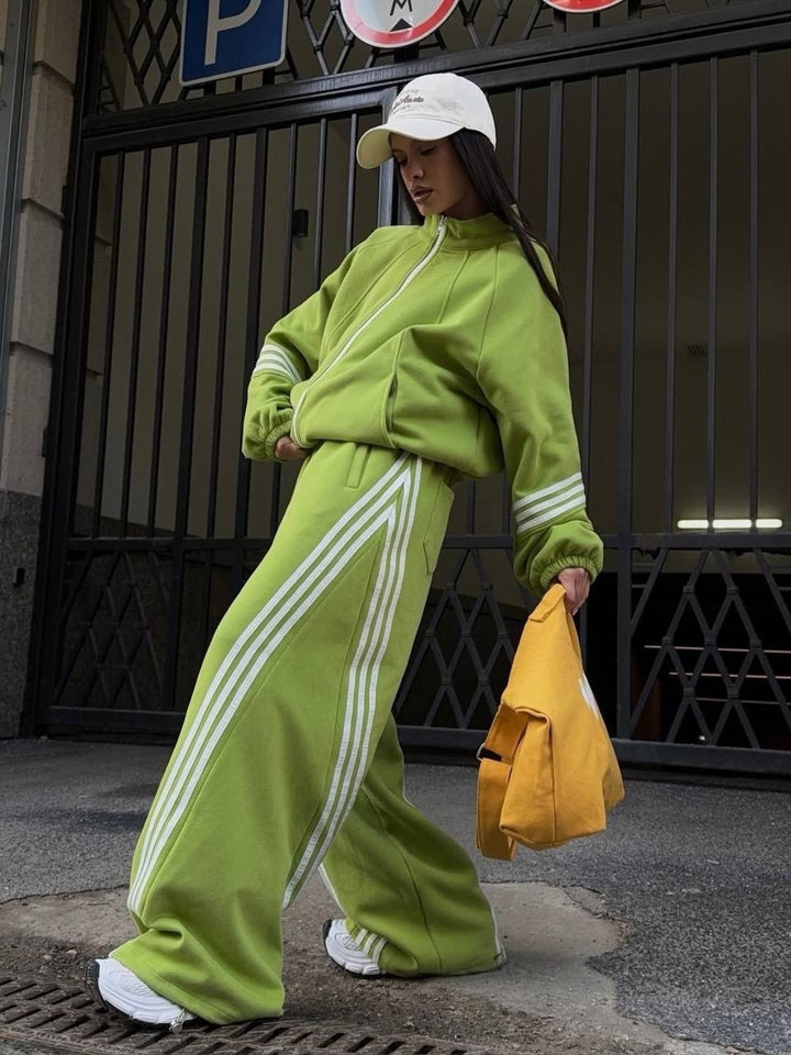 Damen weites Jogginganzug-Set aus Baumwollfleece mit Reißverschluss und seitlichen Kontraststreifen Drune