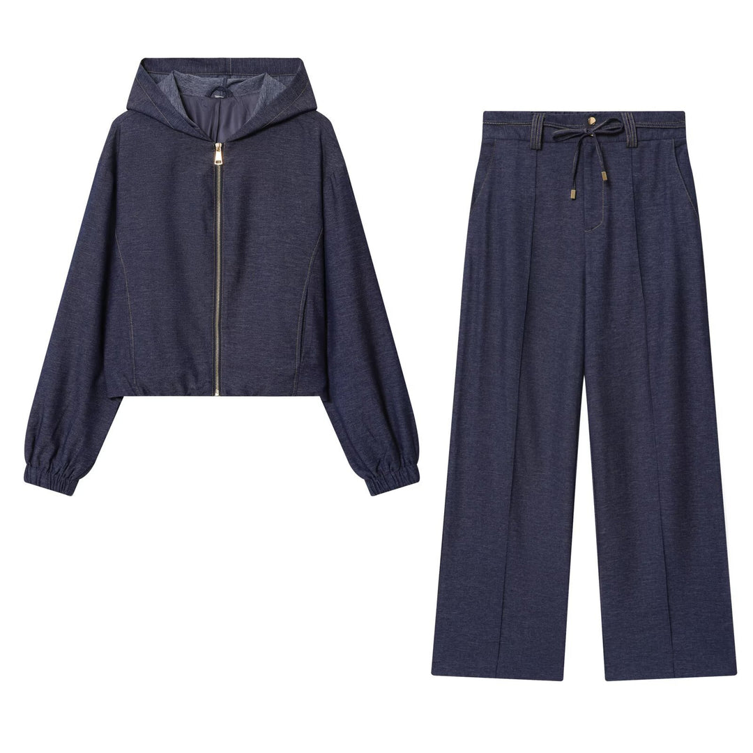 Damen Zweiteiler aus Denim‑Jersey Kapuzenjacke mit Reißverschluss und weiter Bundfaltenhose Drune