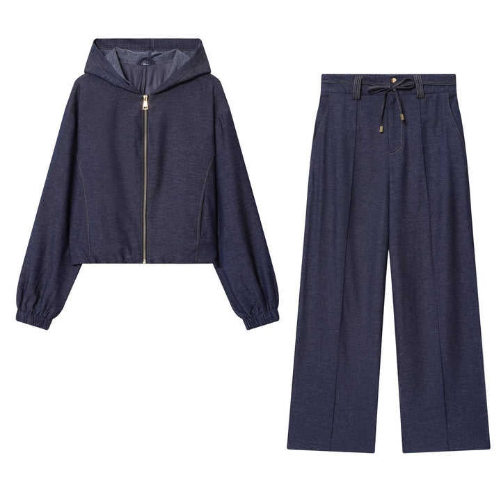 Damen Zweiteiler aus Denim‑Jersey Kapuzenjacke mit Reißverschluss und weiter Bundfaltenhose Drune