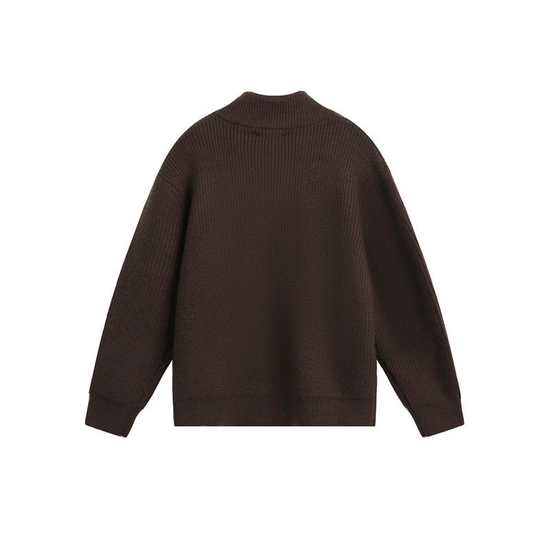 Unisex Grobstrick-Pullover mit halbem Reißverschluss und Stehkragen Drune
