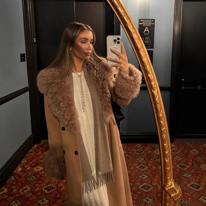 Damen Maxilanger Wollmixmantel mit abnehmbarem lockigem Faux‑Fur‑Schalkragen und Fellmanschetten Drune